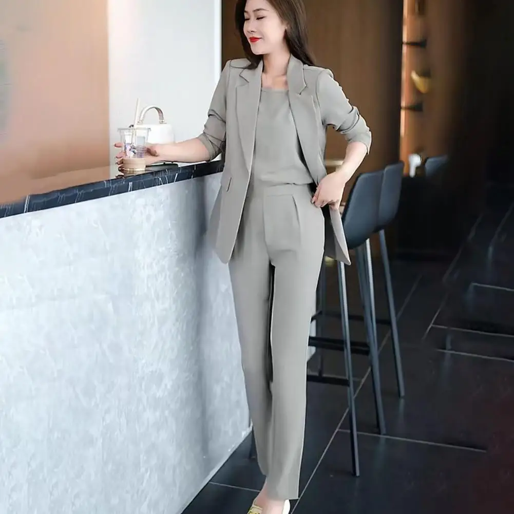 Women Vest Blazer Pants Suit Lapel Cardigan Straight High Waist Pockets Slim Formal Suit Business Clothes Jacket Trousers Suit