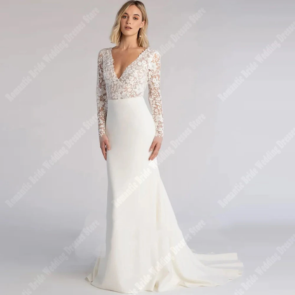 Sexy scollo a v sirena donna abiti da sposa stampa pizzo abiti da sposa lunghezza straccio maniche lunghe principessa abiti De Novia 2025