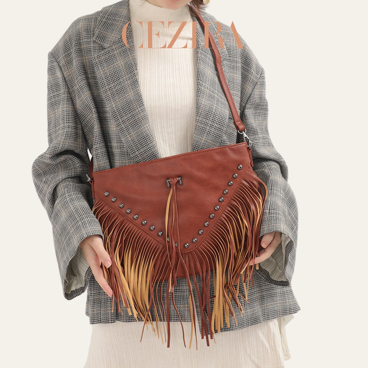 CR Vintage Bohemia Style Soft PU Vegan Leather Tassel Fringe Flap Bag Women Casual Leisure Crossbody Shoulder Purse Daily Bag