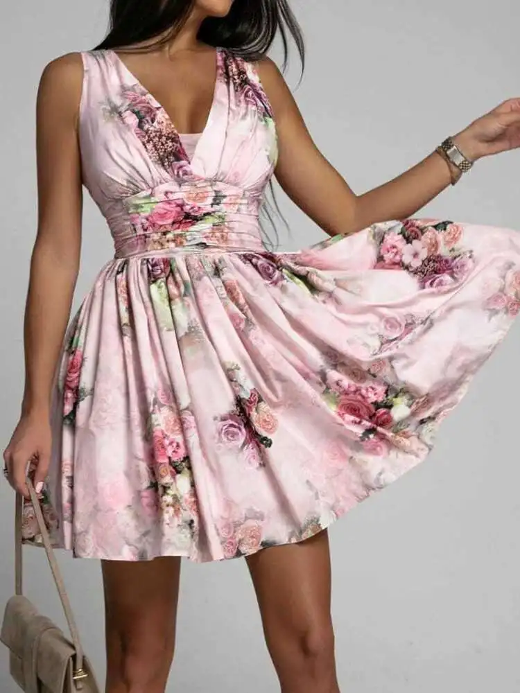 Femme geplooide hoge taille vetersluiting zomer streetwear backless slanke print v-hals off-shoulder dames mini-jurk