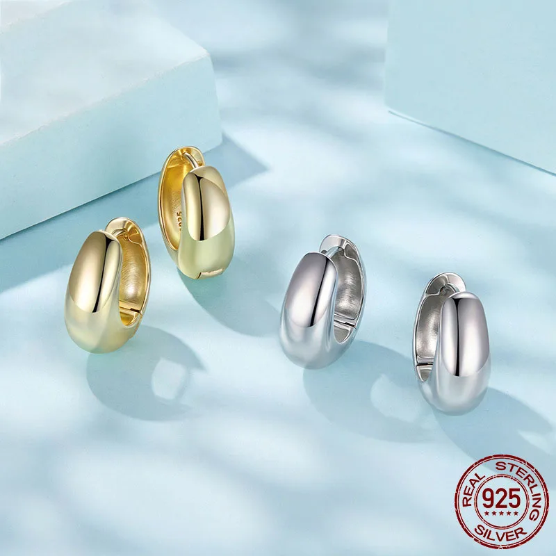 LAYA White Gold Plated 925 Sterling Silver Post Glossy Hoop Earrings High Polished Trendy Fashion Jewelry for Women Simple Style