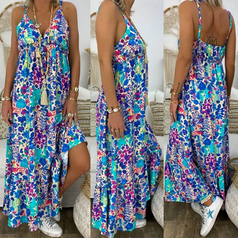 Frauen Boho Blumen Maxi kleid Party Riemchen Baumwolle Kleid Sommer Strand Urlaub Spaghetti träger Sommerkleid plus Größe 3xl 4xl 5xl