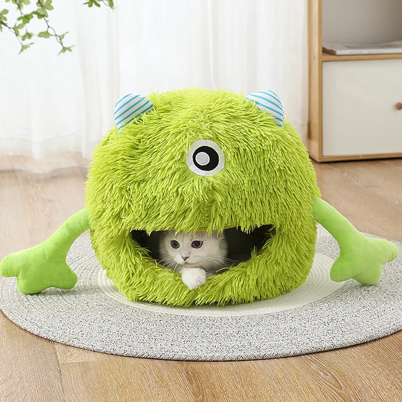 Four Seasons Cute Monster Funny Soft Fluffy Cat Cave Bed Closed Package Pet Cat House Kitten Supplies