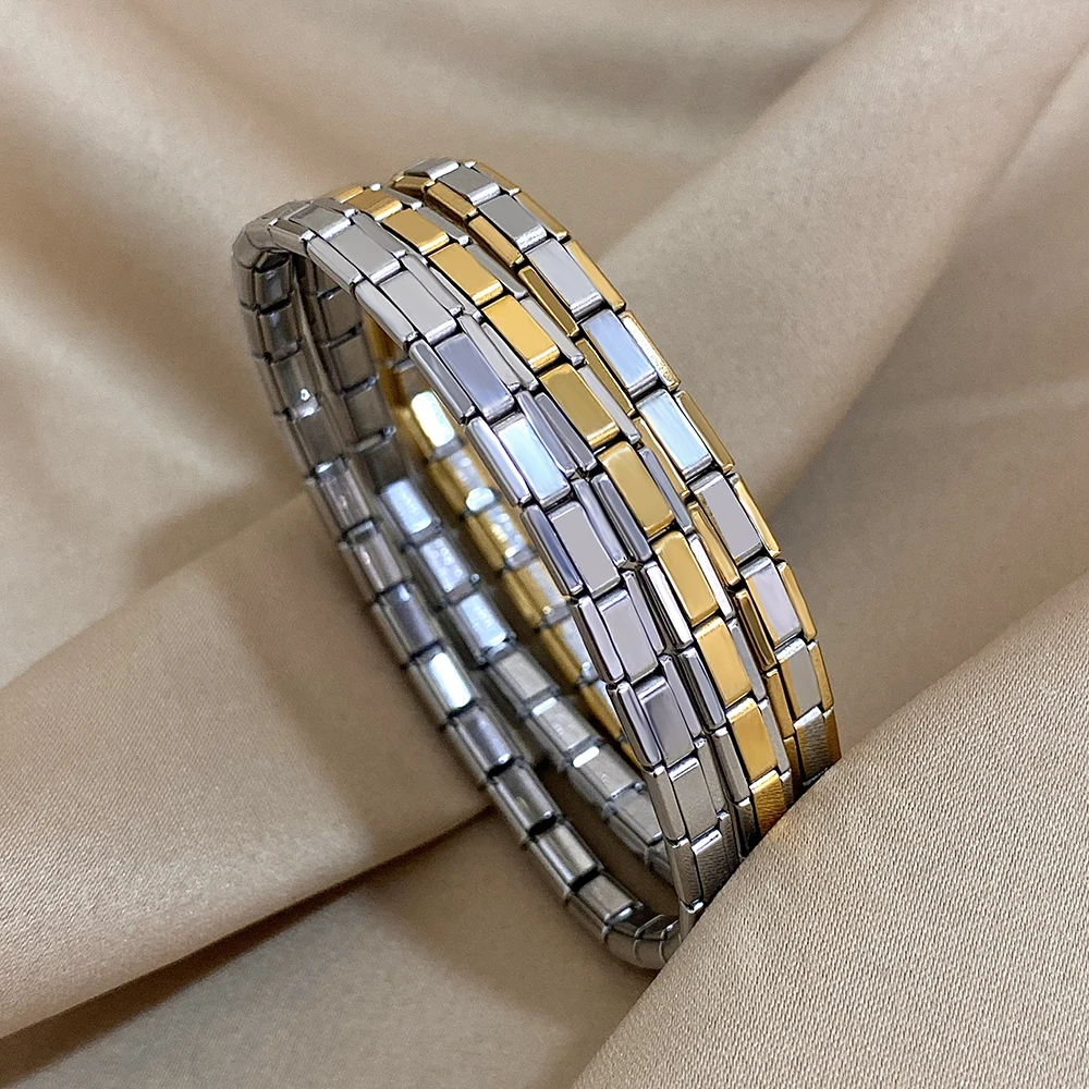 Vintage Belt Buckle Stainless Steel Elastic Bracelet for Women Classic Two Tone Watchband Bangle Bracelets Waterproof Jewelry