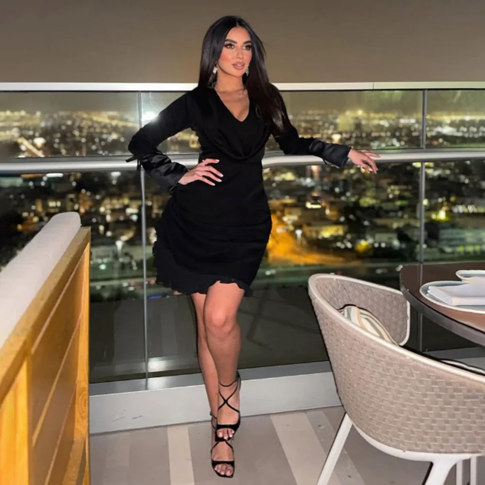 Customized High Quality V-neck Above Knee Length Full Sleeves Zipper  Vestidos Para Casamento Convidados Evening Dress Plus Size