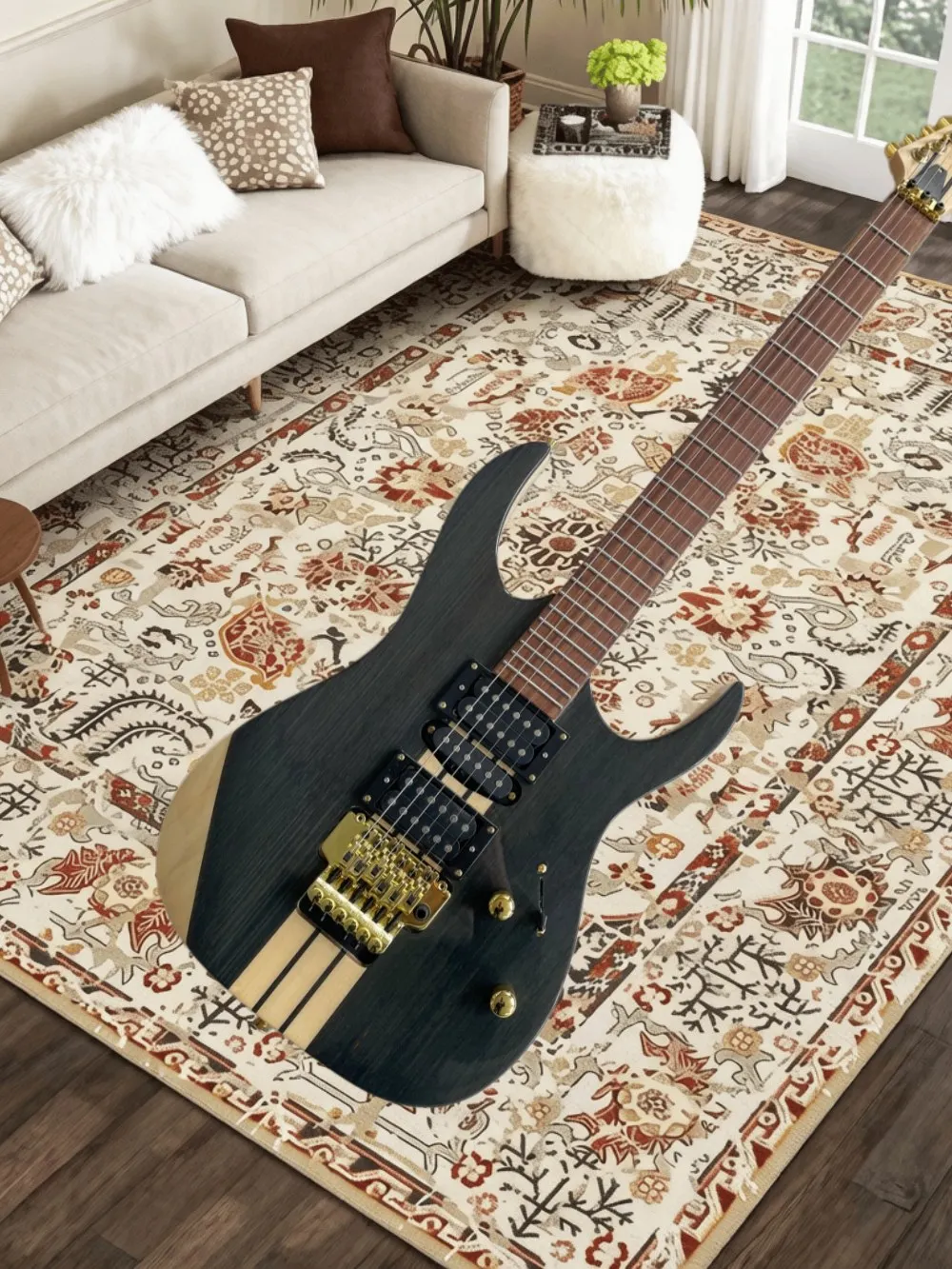 Cream guitar, solid wood body, maple neck, black binding, ice man guitar, fixed bridge, closed pickups, golden tuner, customizab