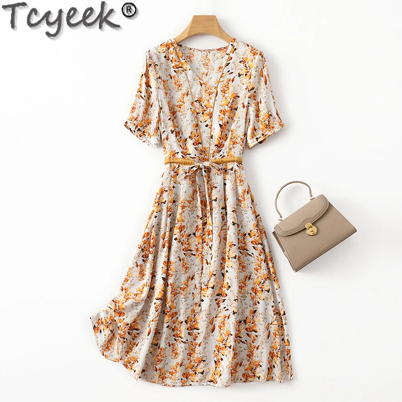 

Tcyeek 91% Mulberry Silk Dresses for Women Summer Midi Dress Womens Clothing 2024 Elegant Women's Dresses Lace-up Платье Женское