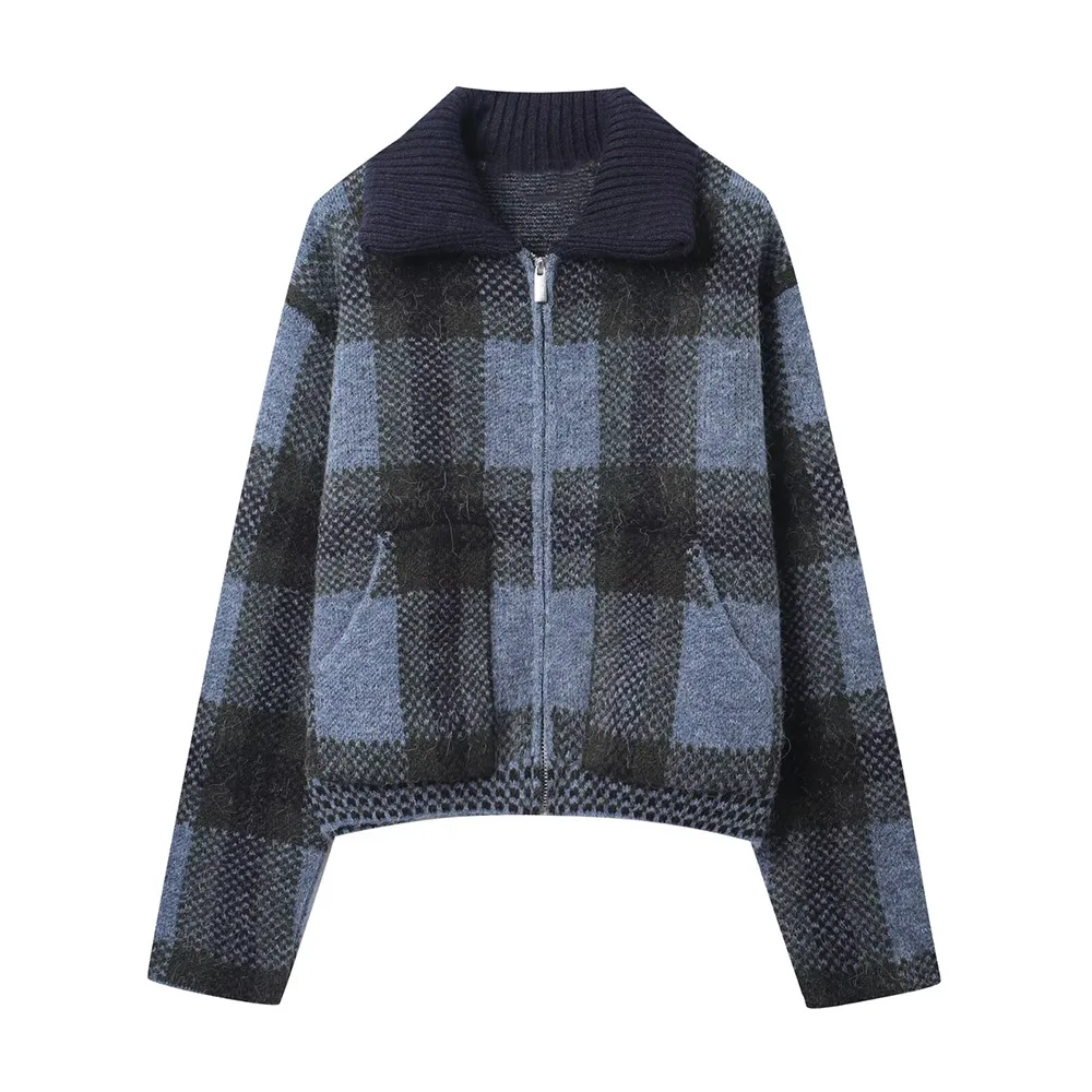 

European and American style 2025 new fashion and versatile retro style versatile plaid knitted cardigan jacket