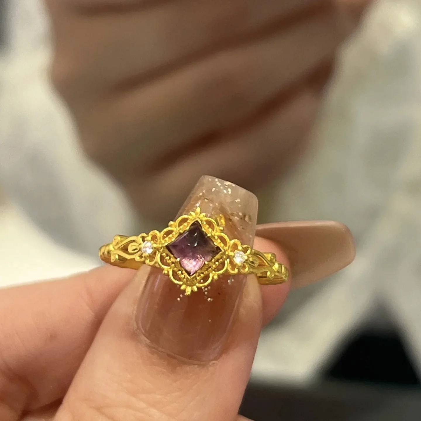 Mylux Jewelry 24K real gold light luxury medieval style design lace purple star dot diamond ring  9999 white purple gem movable