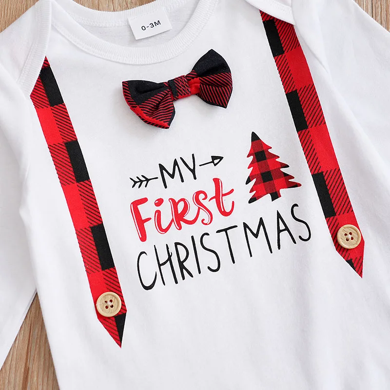 Spring And Autumn Boys And Girls Set Christmas Style Handsome Korean Baby Long Sleeve Bodysuit+Two Piece Pants