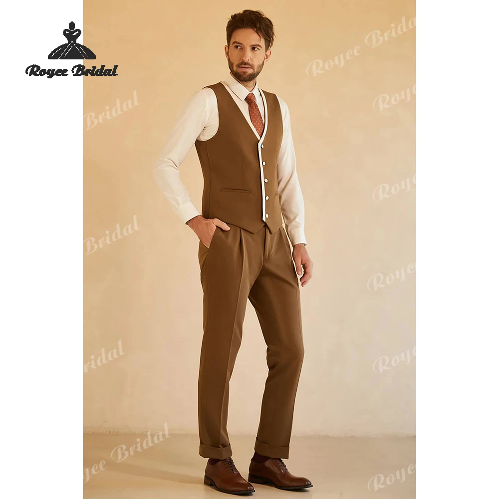 بدلة زفاف رجالية بنية مكونة من ثلاث قطع ذات طية صدر السترة 2026 بدلة زفاف غير رسمية واحدة الصدر للسهرة والحفلات الراقصة زي أوم مارياج #3