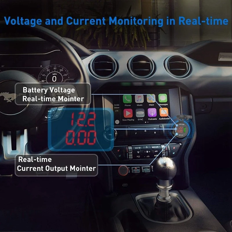 2 Set 12V / 24V Fast Charging 3.0 Car Cigarette Lighter Socket Usb Charger Led Voltmeter Ammeter - Black + Green & Black + Blue