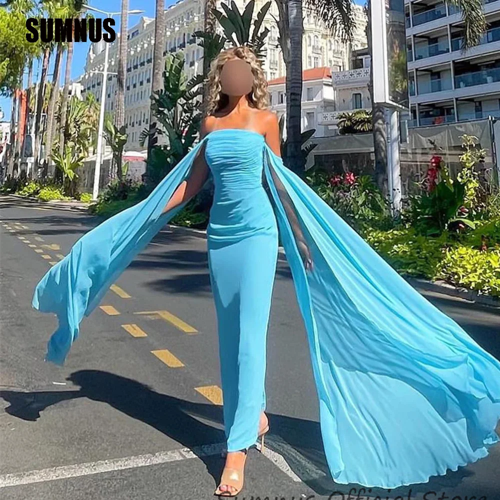 

SUMNUS Blue Chiffon Mermaid Party Dresses Off Shoulder Long Cape Sleeves Prom Dress Ankle Length Evening Gowns Robe De Soirée