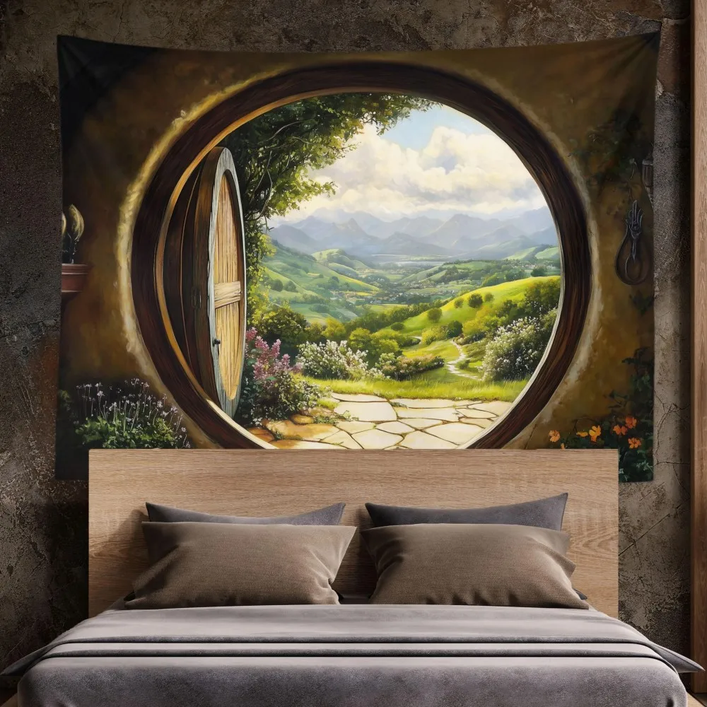 VIKAMA Hobbit Shire Window View Wandteppich, Fantasy-Landhaus-Hintergrund, Wohnzimmer-Atmosphäre, Raumdekoration