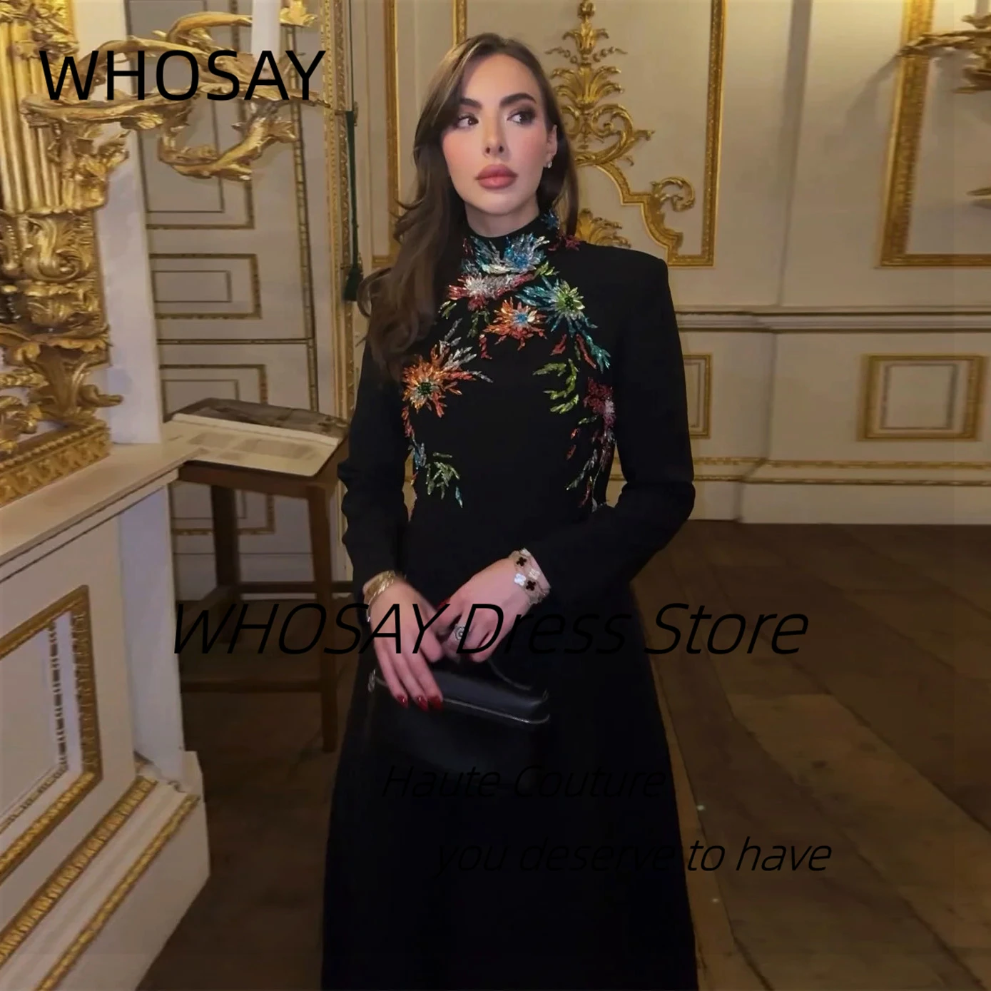 WHOSAY Black Satin Prom Dresses Customized Colorful Crystals Evening Gowns High Collar Long Sleeves Saudi Wedding Guests Dress