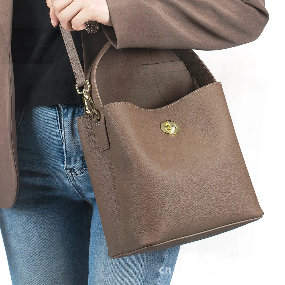 High-End Women's Bucket Bag 2024 Genuine Leather Large Capacity Shoulder Crossbody Handbag Vintage European Style Black Khaki