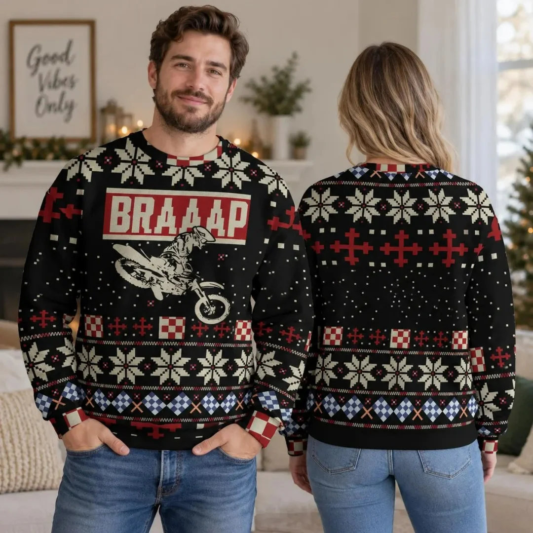 Braaap Motocross Ugly Christmas Sweatshirts Dirt Bike Rider Holiday Sweatshirts Moto Racing Pullover Men's Women's Sweatshir ﻿