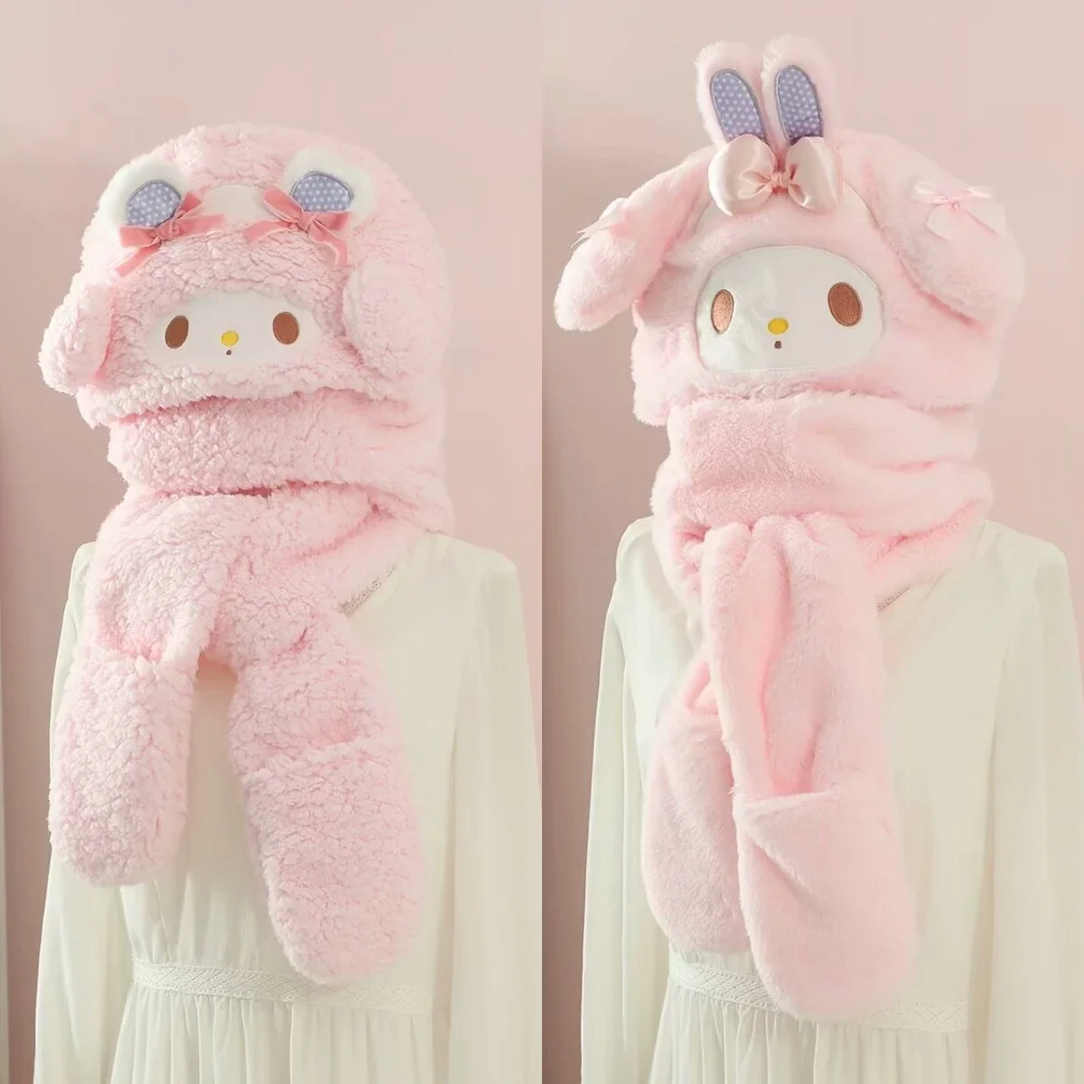 Sanrio Cartoon Warm Hooded Scarf Girl Women My Melody Lolita Japanese Style Winter Plush Hats Scarves Xmas Gifts Washable