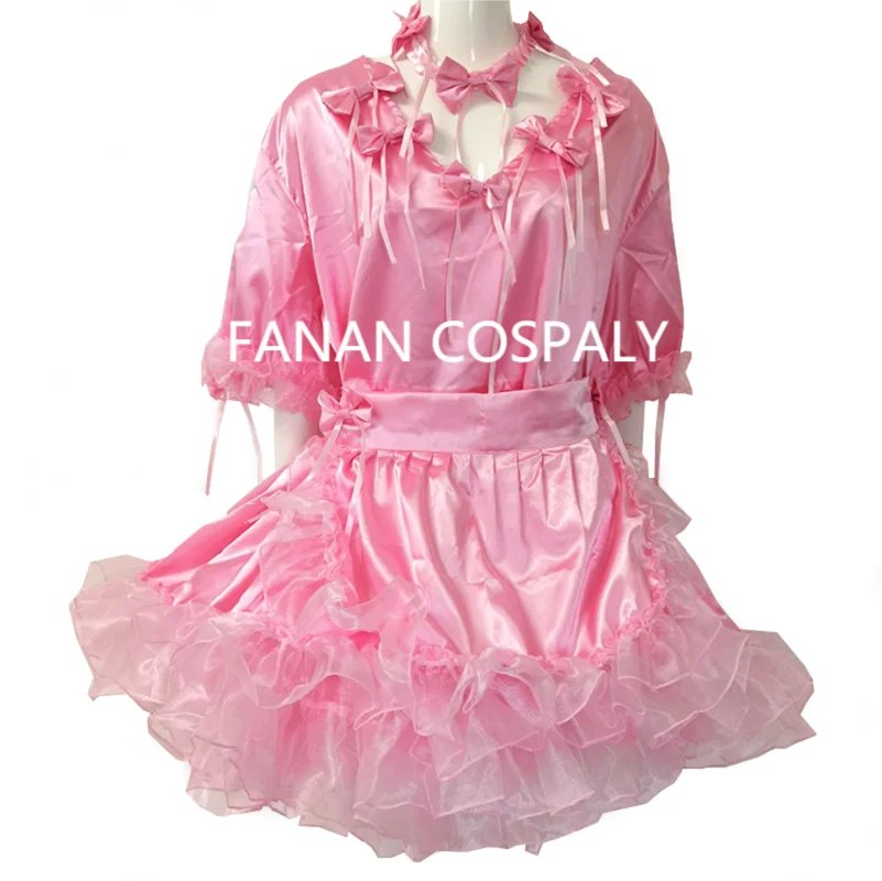 

Adult Giant Baby Sexy Girl Pink Thin Bow Satin Sissy Short Sleeve Dress Japanese Maid Role Play Customized Multi Color