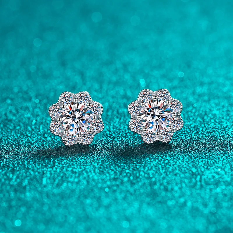 2CT Moissanite Stud Earrings, Platinum Pt950 Sparkling Flower Shaped Design, Hypoallergenic, Ideal for Daily Wear Fine Jewelry