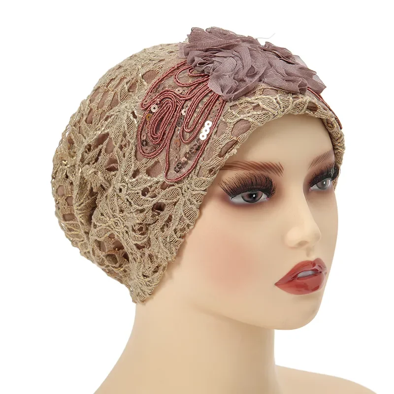 Muslim Women's Breathable Lace Turban Hat Beautiful Floral Headscarf Luxury Bonnet Hijabs Female Multi-function Headwrap Cap