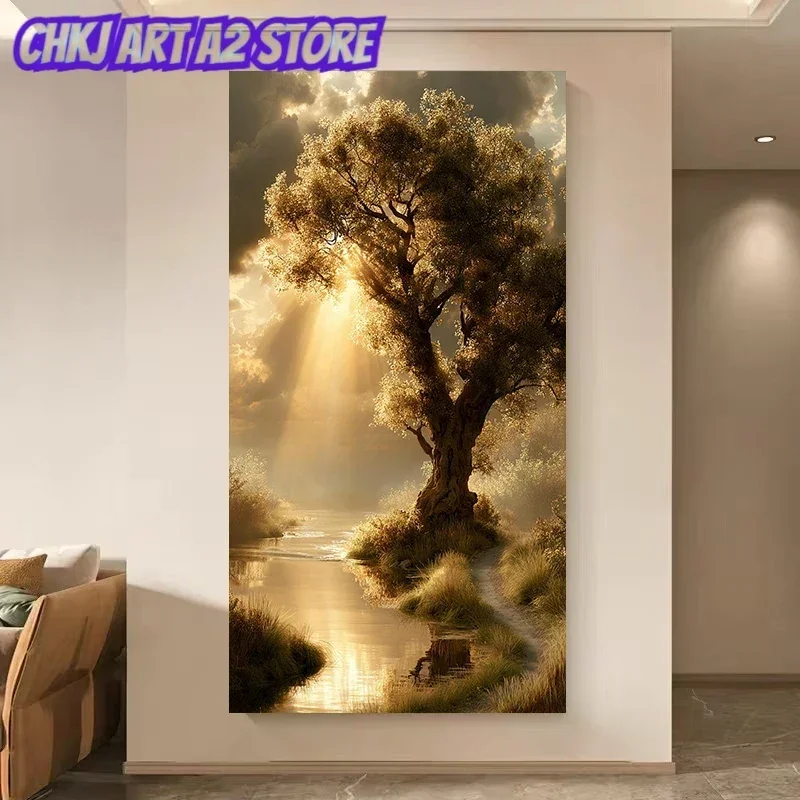 Golden Sunlight Tree River Landscape Nature Forest Poster and Prints Canvas Painting Wall Art Pictures Home Decor Cuadros