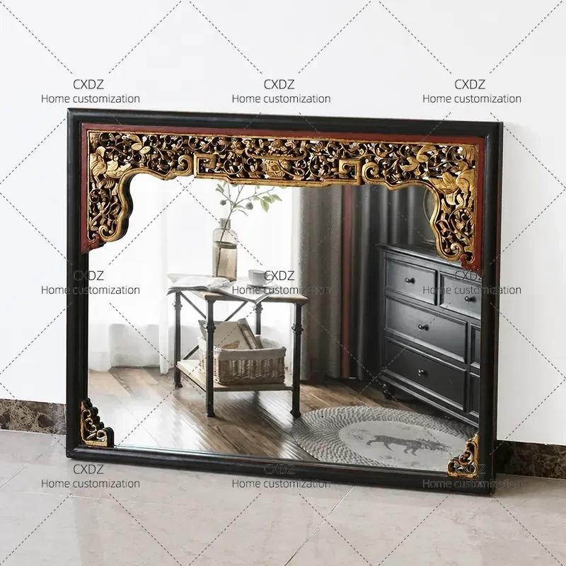 Ming Qing Antique Style Wall Hanging Mirror Retro Bathroom Vanity Mirror for Entrance Living Room Carved Decorative