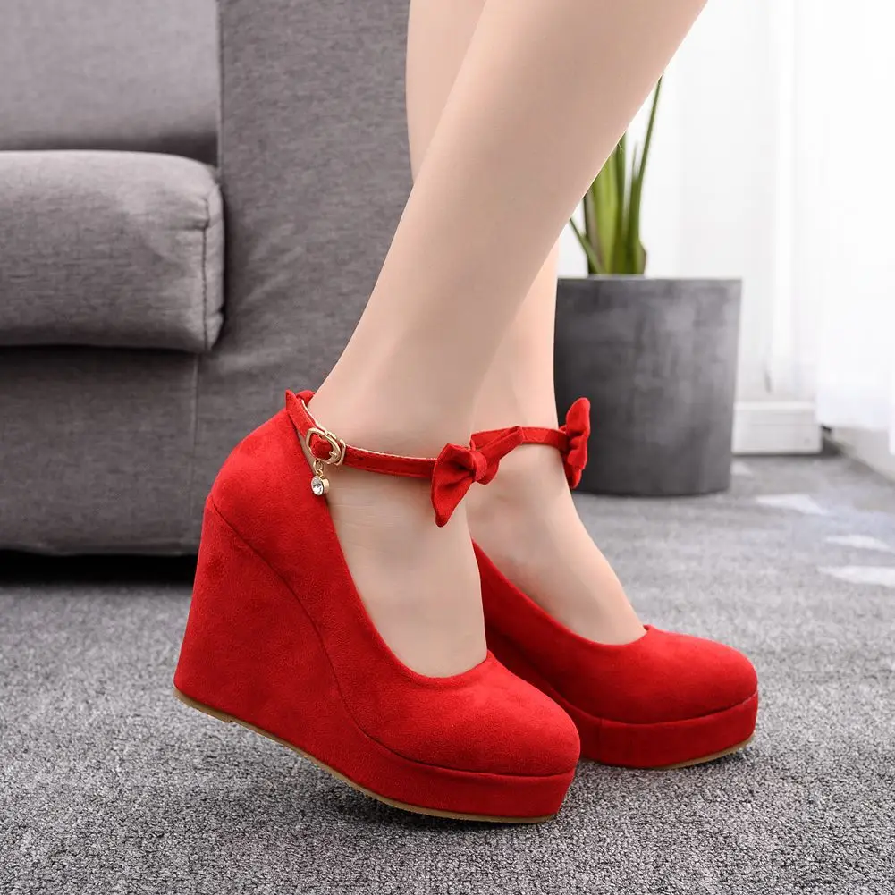 New Wedges Pumps Classical Women High Heels Wedged Shoes Platform Heel 10.5cm Sexy Ladies Strap Bowtie Autumn Casual Shoes