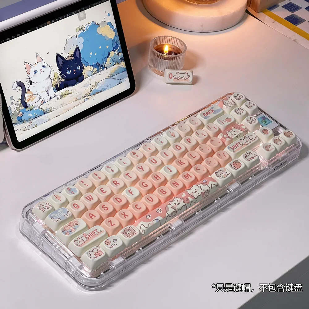 MOA Light Pink Strawberry Kitten PBT Dye Keycap 132 Key Cute Cartoon Keycap dla Mx Switch Mechanical Keyboard 6.25u Space GMK67