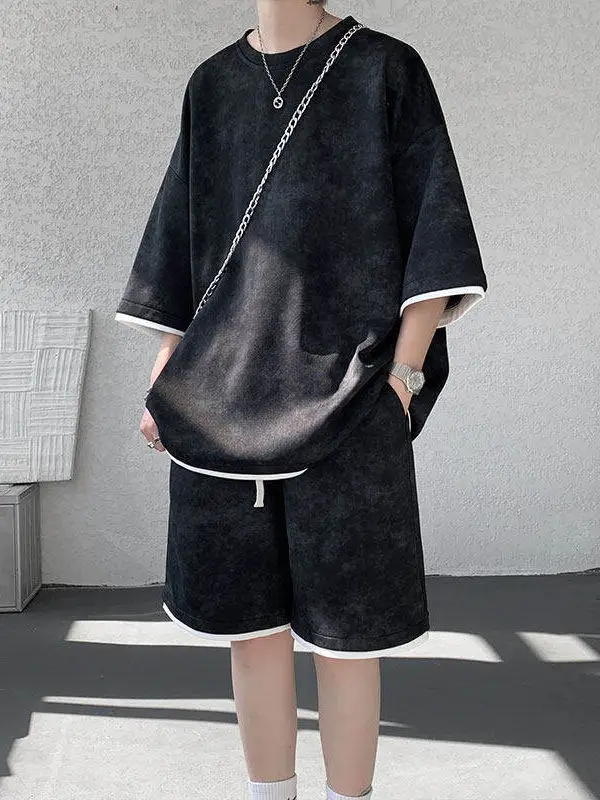 

Мужской летний спортивный костюм-двойка: футболка и шорты, повседневный свободный крой, большие размеры, для студентов...