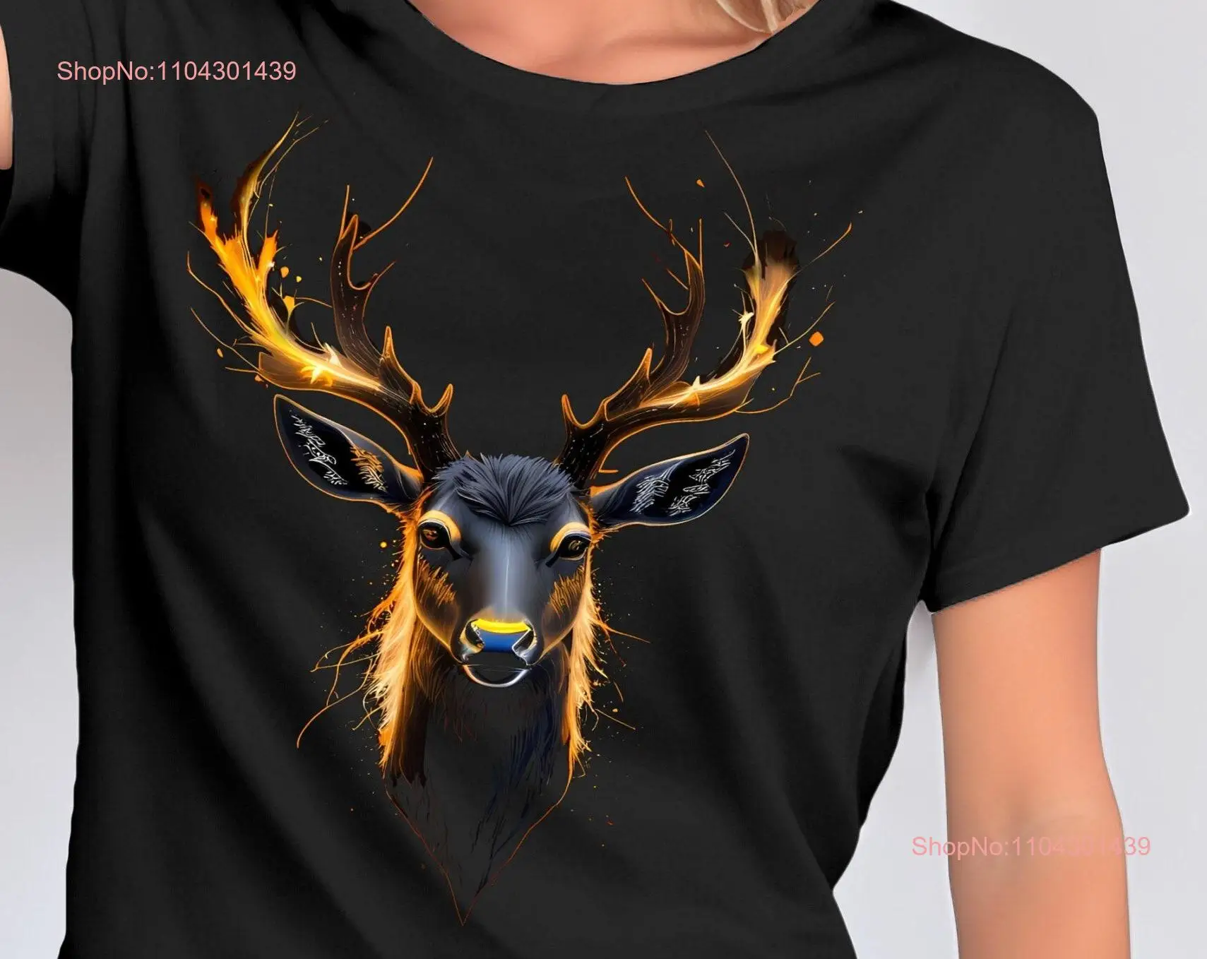 T Shirt Hirsch Patronus Hirschkopf glühendes glimmendes Geweih spirituell Geist Patron Beschützer schwarz Feuer Geschenk