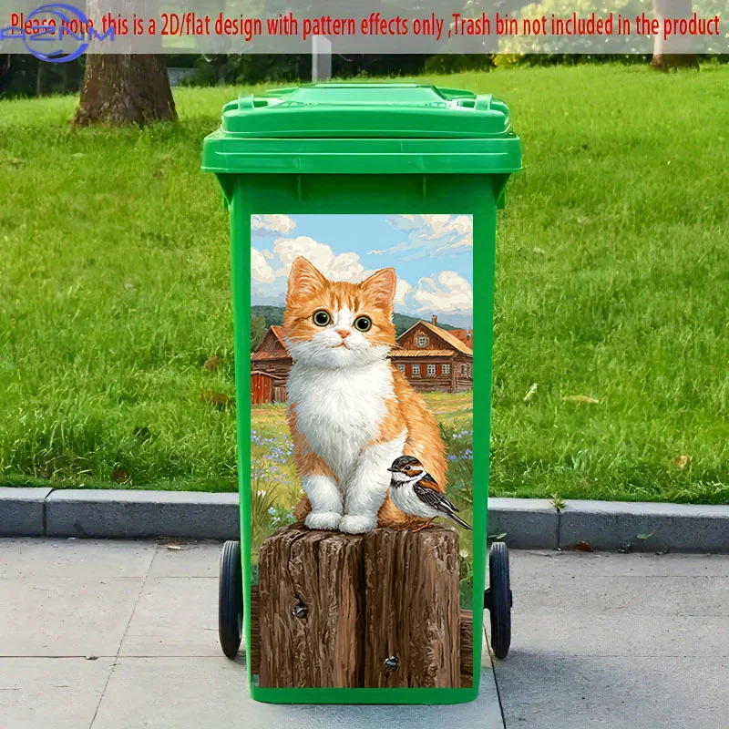 2D Flat Printing 1pc 2D Pattern Printed Kitchen Trash Can Sticker xcm, Cat and Sparrow Perching on a Wooden Stake Themed Kitch