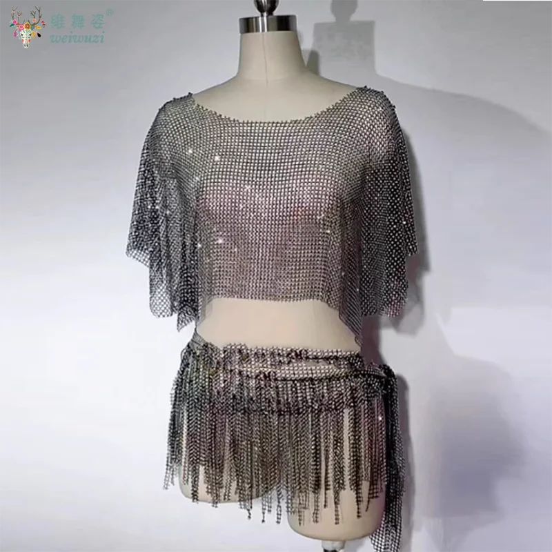 Nieuwe Buikdans Diamant Top + Kwasten Hip Taille Sjaal voor vrouwen Oosterse Taille Keten Hippe Sjaals Oosterse Dans accessoires