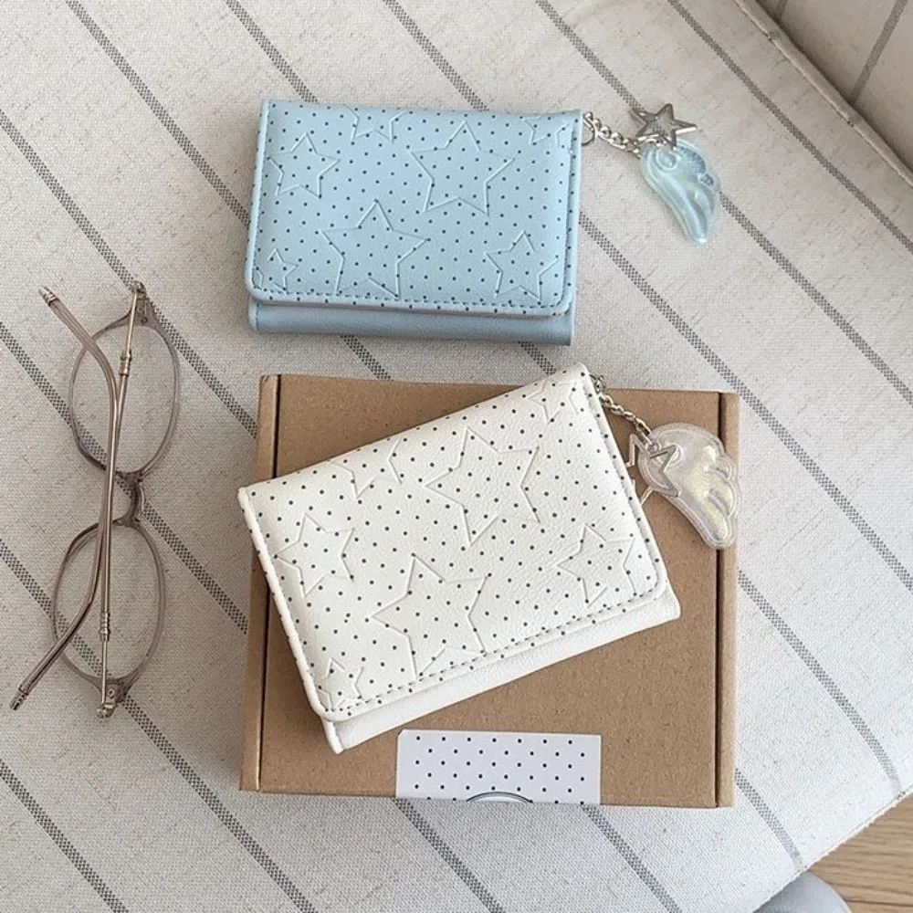 Slim PU Leather Polka Dot Trifold Wallet Lightweight 5 Card Slots Card Holder ID Window Star Wing Pendant Mini Wallet Student