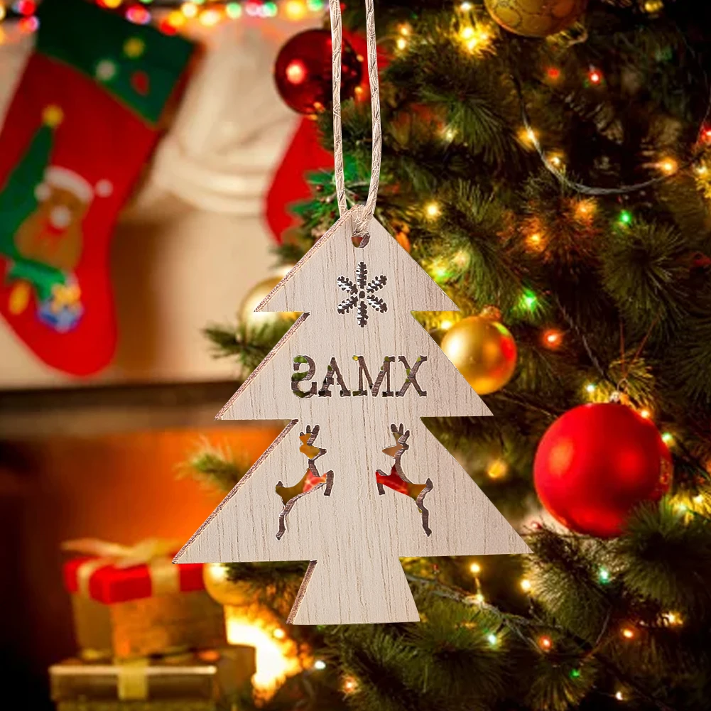 

3PCS Pine Tree Wooden Hanging Pendant Charm Elk Motif Decoration Holiday Party DIY Christmas Tree Decoration Kids Gift Christmas