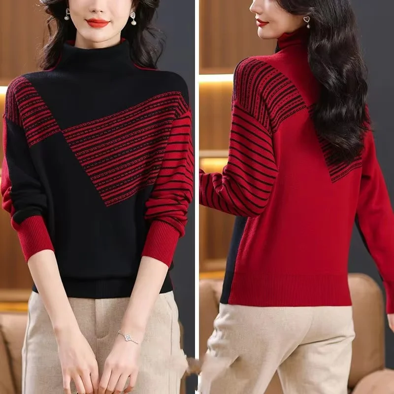 

Women Fashion Turtleneck Sweaters Knitted 2025 Spring Autumn New Loose Spliced Striped Long Sleeve Pullover Bottom Shirt Tops