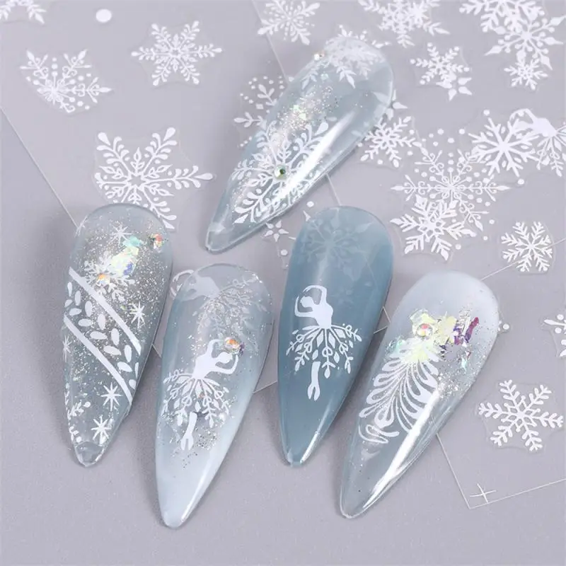 3D Snowflake Nail Stickers White Christmas Designs Nail Art Decals Geometric Lines New Year Winter Gel Foils Sliders Decorations