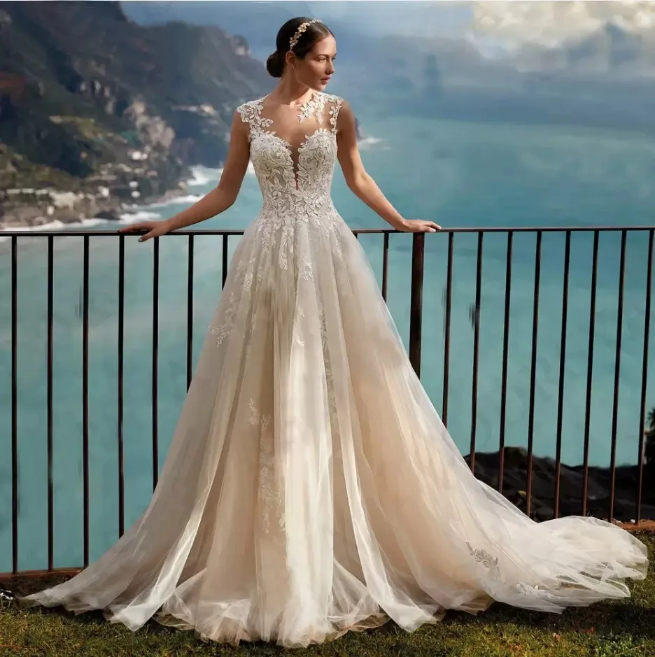 Винтажное свадебное платье трапециевидной формы с прозрачным вырезом и кружевной аппликацией, иллюзия на пуговицах сзади, свадебные платья невесты в стиле бохо, Vestidos De Noiva