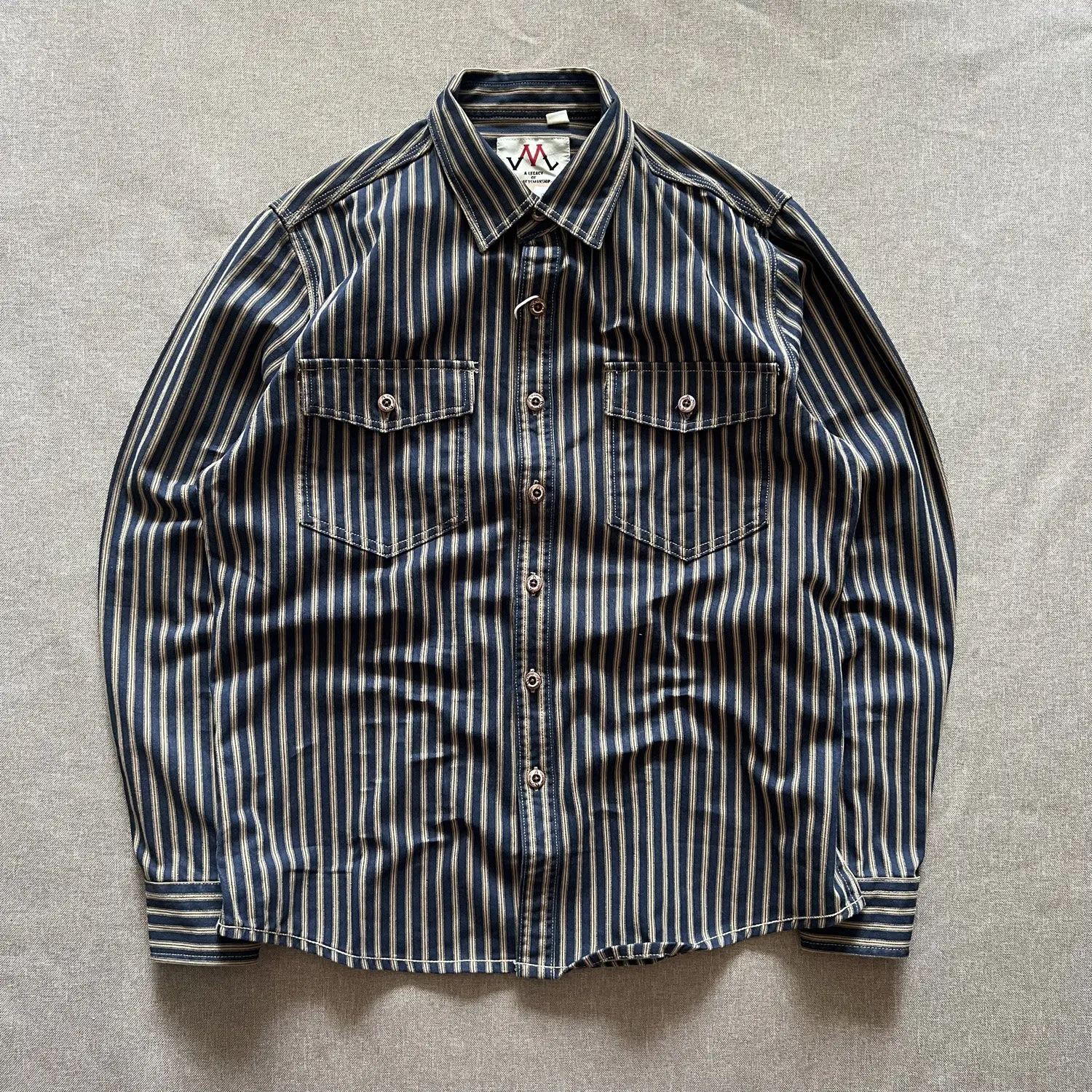 101# Autumn And Winter New American Retro Stripe Long-Sleeve Lapel Shirt Men's Simple Fashion Washed Multi-pocket Casual Blouses