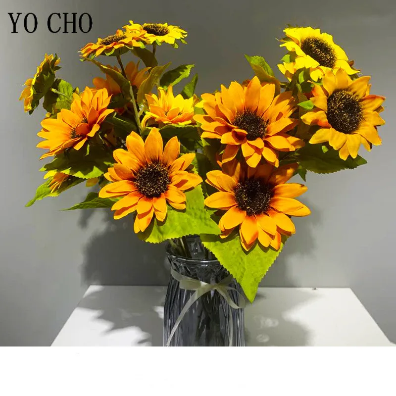 5pcs 3 head Artificial Sunflower Bouquet DIY Wedding Bouquet Centerpiece Arrangement Party Home Decor Silk Sunflower Fake Flower