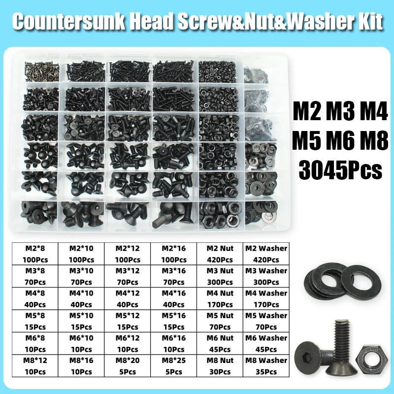 3045/Set m2 m2, 5 m3 m4 m5 m6 m8 Kohlenstoffs tahl Sechs kant Sechs kant Flach kopf Senk kopfs ch rauben Schrauben Schrauben Mutter Unter leg scheibe Sortiment Kit – Detail 6