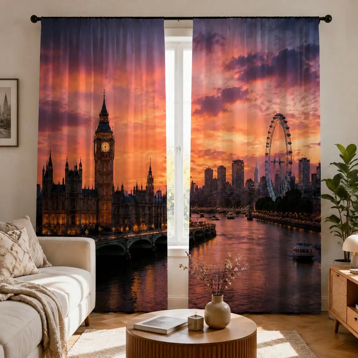 London Cityscape Curtains, Sunset Thames River Print Blackout Drapes, UK Landmark Decor for Living Room Bedroom Window Treatment