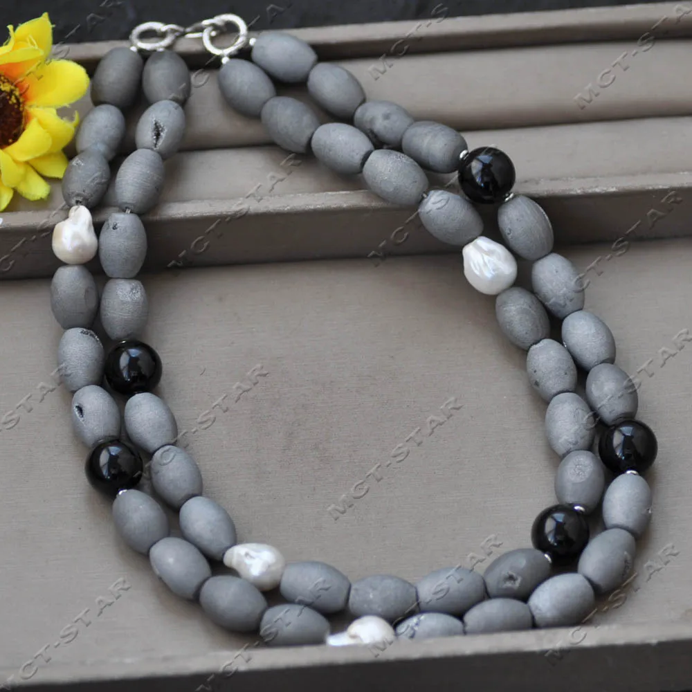 Z14596 2Row 20'' Gray Black Round Egg Crystal Agate White Baroque Keshi Pearl Necklace