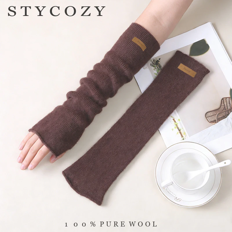 Ladies' 100% Pure Wool Pile Sleeve Knitted Gloves, Long Arm Sleeves, Warm And Thick Half Finger Gloves With Exposed Fingers