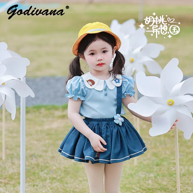 スイートベビーガールズプリンセススカートツーピースセット2026夏新作子供服ふわふわスカートとパフスリーブドールカラーシャツ