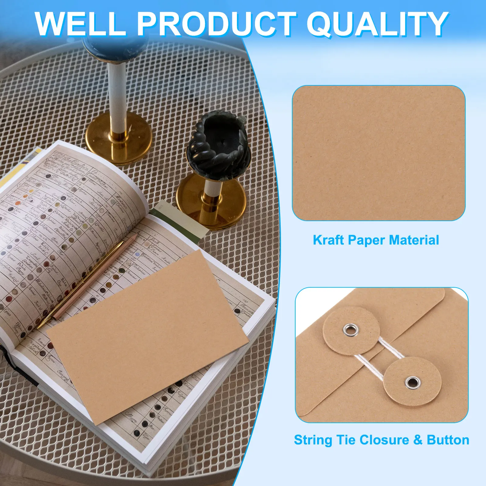 6/12Pcs Kraft Paper Envelope with String Tie Closure Vintage Envelopes File Folder Bag for Office Card Storage Document Organize