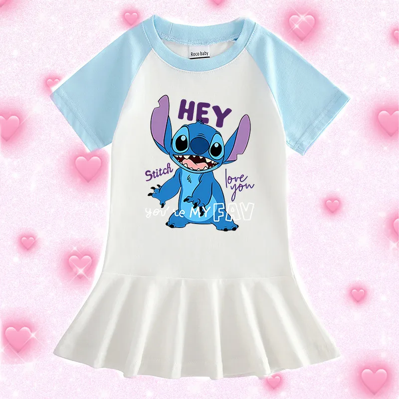 

Disney Stitch Summer New Kids Cartoon Half Sleeve Girl Dress Color Contrast Girl Baby Fashion Short Sleeve Pleated Skirt