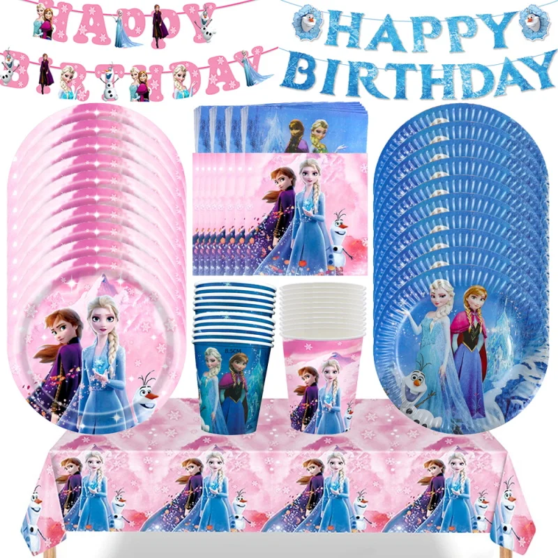 Elsa Frozen Dekoracja urodzinowa Frozen Motyw Child Party Decor Supplies Zestaw zastawy stołowej Talerze Kubek Obrus Tło Torebka na cukierki