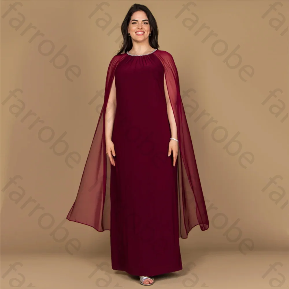 Customized Elegant Burgundy Chiffon Evening Dresses Crystals O Neck Long Cape A-Line Ankle Length Formal Prom Party Gowns Plus