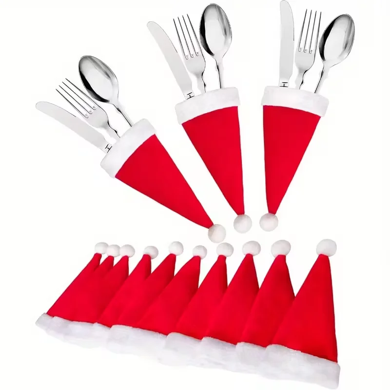 

10/20pcs Mini Hat Christmas Cutlery Holder Set Fork Knife Cutlery Bag Christmas Party New Year Decoration Tableware Bag Holders